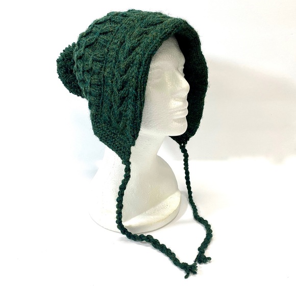 Hand Knit Ladies Ski Bonnet with Pom Pom, Earthy Neutral Green, Snow Bunny Hat main image 5